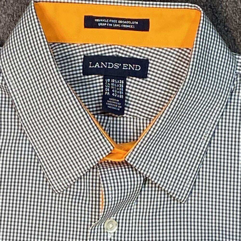 Lands‎ End Men's Large Wrinkle Free LS Shirt Black Gingham Check  w/ Orange Trim - Picture 5 of 12